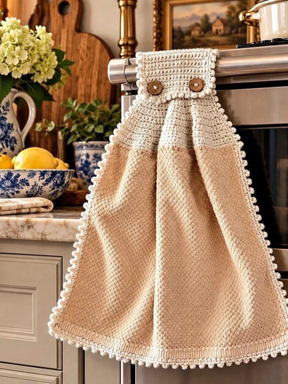 Artisan Handmade Crochet Hanging Kitchen Towel Neutral Beige Ivory